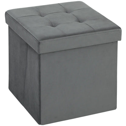 HOMCOM Foldable Velvet-Feel Storage Ottoman, 38 x 38 x 38 cm, Grey