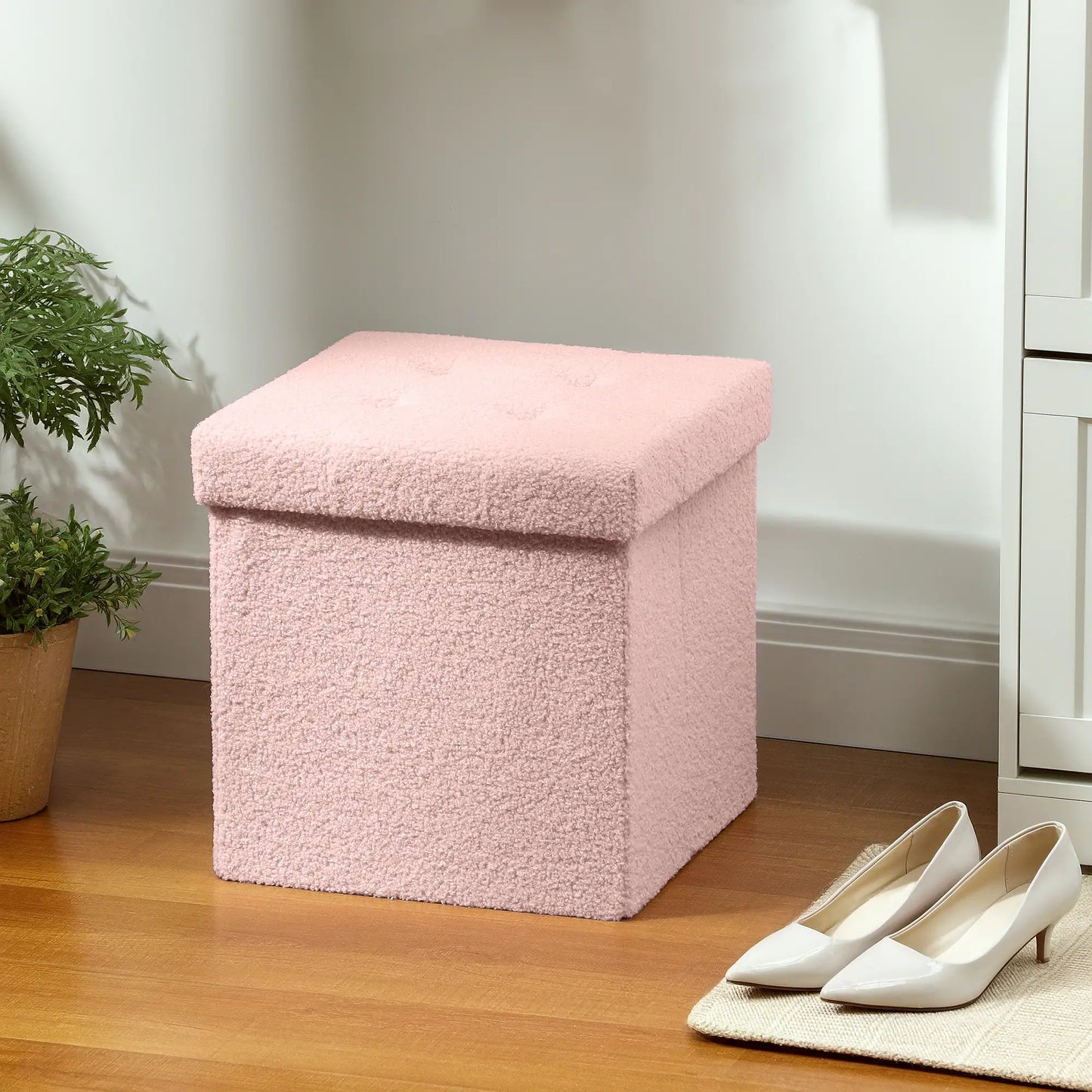 HOMCOM Foldable Sherpa Fleece Storage Ottoman, 38 x 38 x 38 cm, Pink