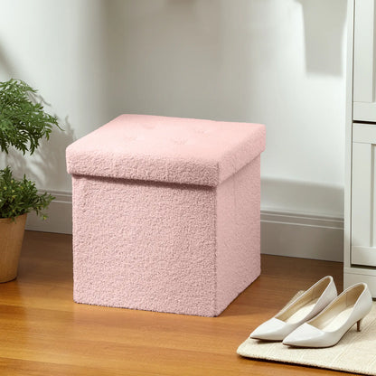 HOMCOM Foldable Sherpa Fleece Storage Ottoman, 38 x 38 x 38 cm, Pink