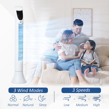 HOMCOM 36" Freestanding Tower Fan, Pedestal Fan with 3 Speed 3 Mode, 7.5h Timer, 70 Degree Oscillation, LCD Panel, 5M Remote Controller, White