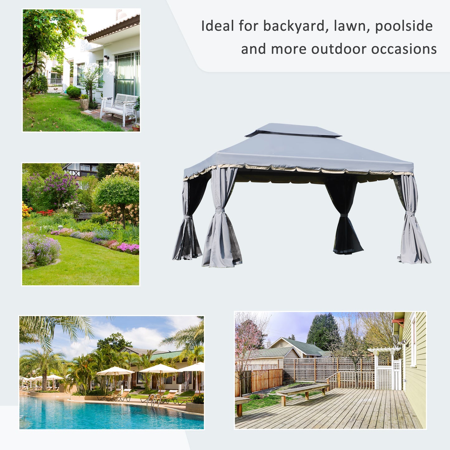 Outsunny 3 x 4m Aluminium Garden Gazebo, Marquee Canopy Shelter Pavilion Party Tent with Nets and Curtains for Garden and Deck, Grey