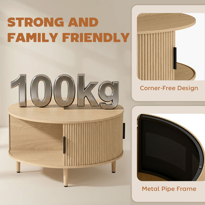 HOMCOM Coffee Table with Lift Top and Hidden Storage, Round Centre Table with Fluted Sliding Door, 80 cm, Natural Wood