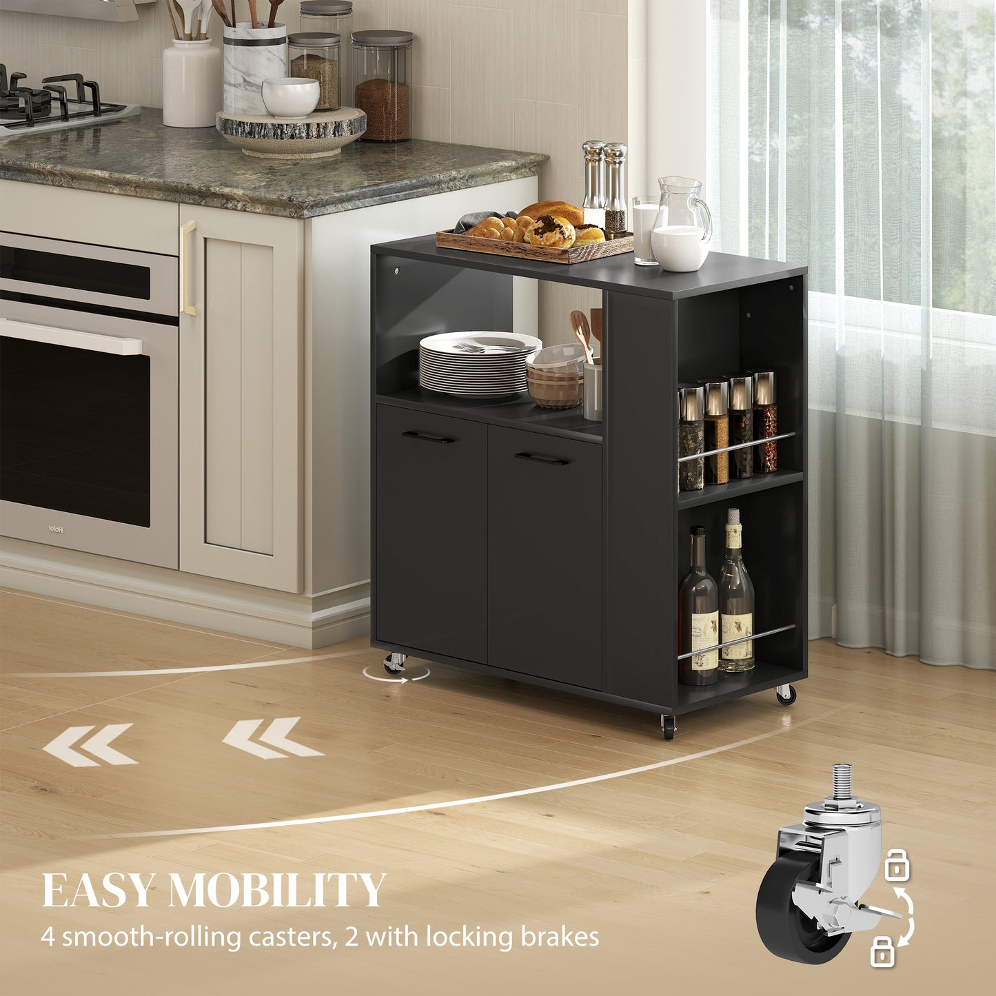 HOMCOM Kitchen Trolley on Wheels, Rolling Kitchen Island Cart with 2-Door Cabinet, Spice Rack and Adjustable Shelf, Black