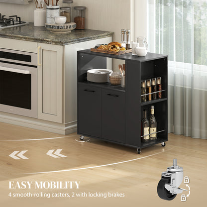 HOMCOM Kitchen Trolley on Wheels, Rolling Kitchen Island Cart with 2-Door Cabinet, Spice Rack and Adjustable Shelf, Black