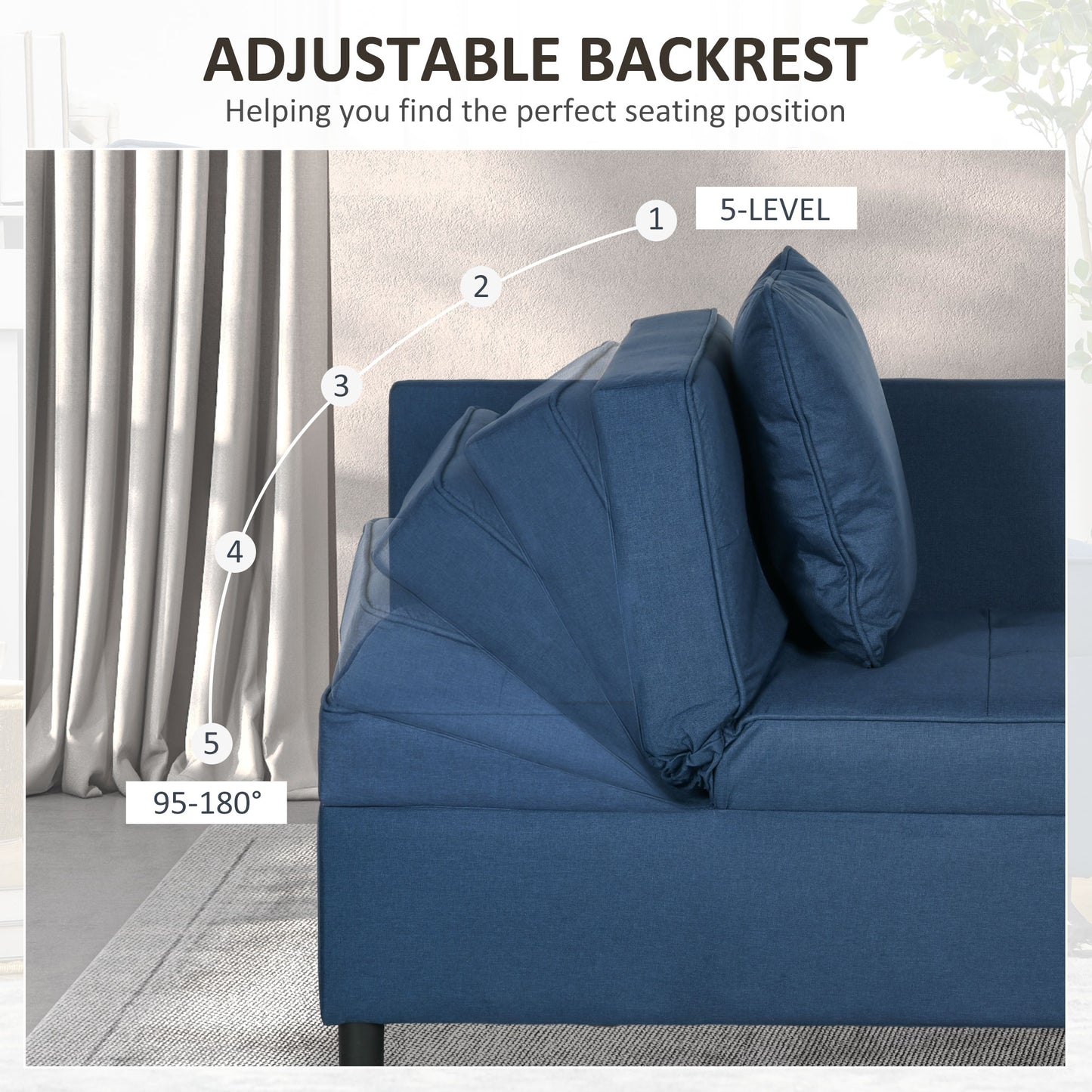 HOMCOM 3-In-1 Single Sofa Bed with Thick Padded Seat & 5-position Adjustable Back for Living Room, Bedroom, Blue