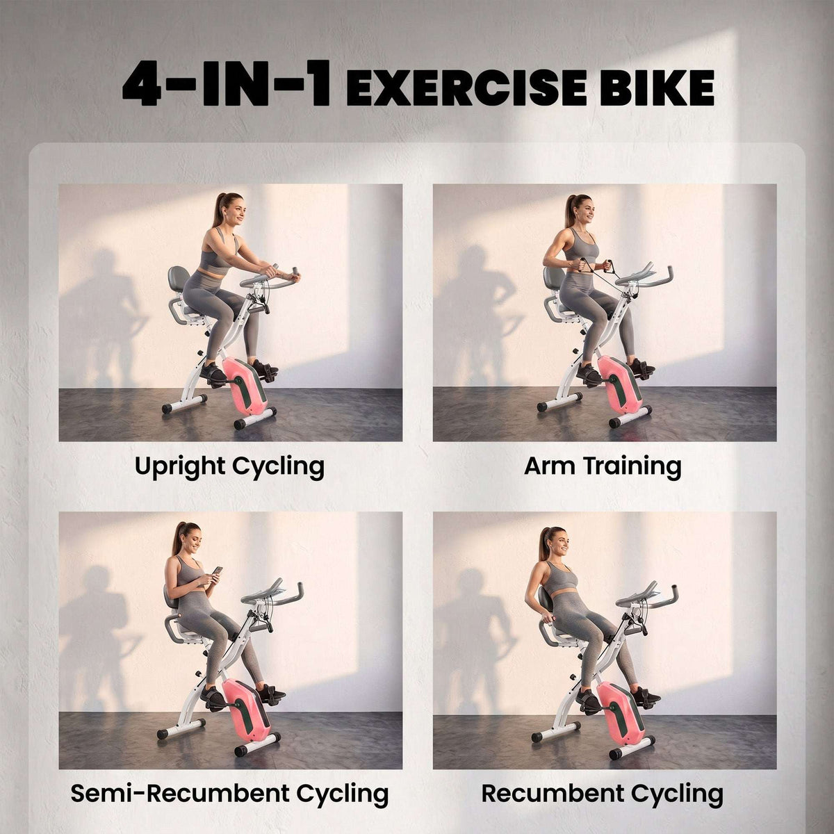 SPORTNOW 4-In-1 Folding Exercise Bike with Resistance Bands, Bluetooth App, 8-Level Magnetic Resistance, LCD Display, Pink