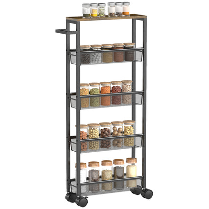 HOMCOM Slim Storage Trolley, 5-Tier Kitchen Cart on Wheels with Wood-effect Top, Handle for Living Room, Bathroom, Black
