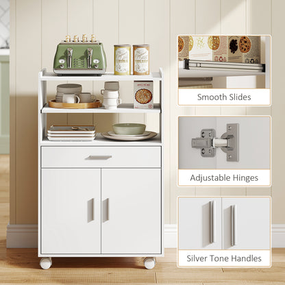 HOMCOM Kitchen Trolley with Wheels, Modern Mobile Microwave Stand with Slide-Out Shelf, Drawer and 2 Doors for Dining Room