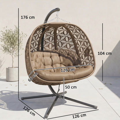 Outsunny Outdoor Double Hanging Chair with Cushion and Cup Holders, Sand Brown