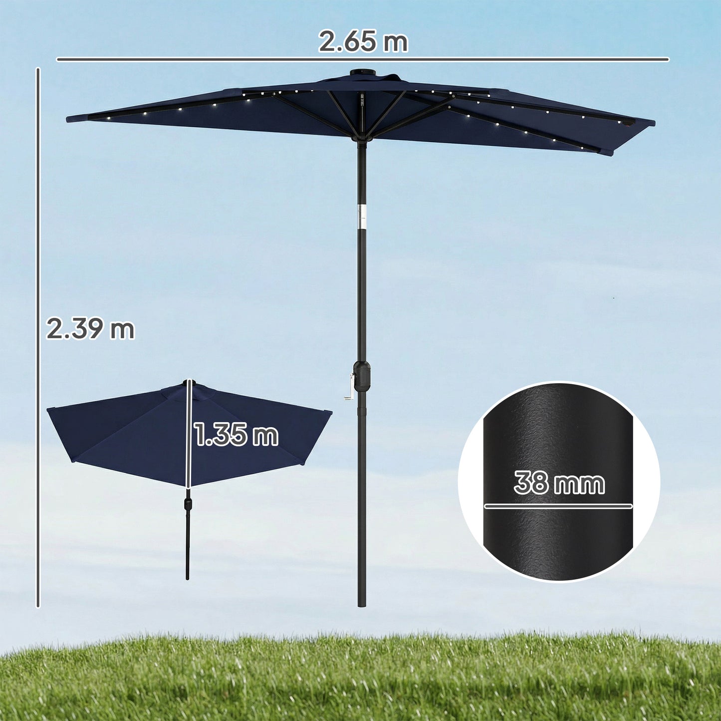 Outsunny 2.6 m Half Garden Parasol with Solar LED Lights, UPF50+ Semi Round Umbrella with 30° Tilt, Crank Handle, Dark Blue