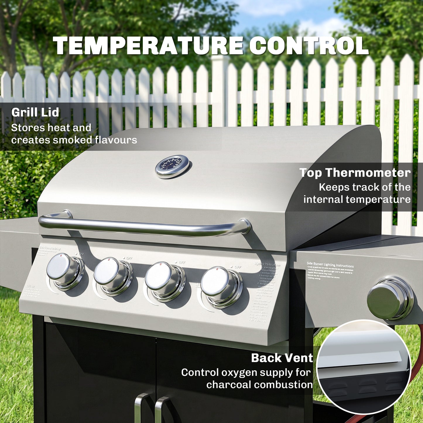 Outsunny 4+1 Burner Gas BBQ Grill with Side Burner, 14.5 kW Steel Portable Gas Barbecue Grill with Built-in Thermometer, Lid