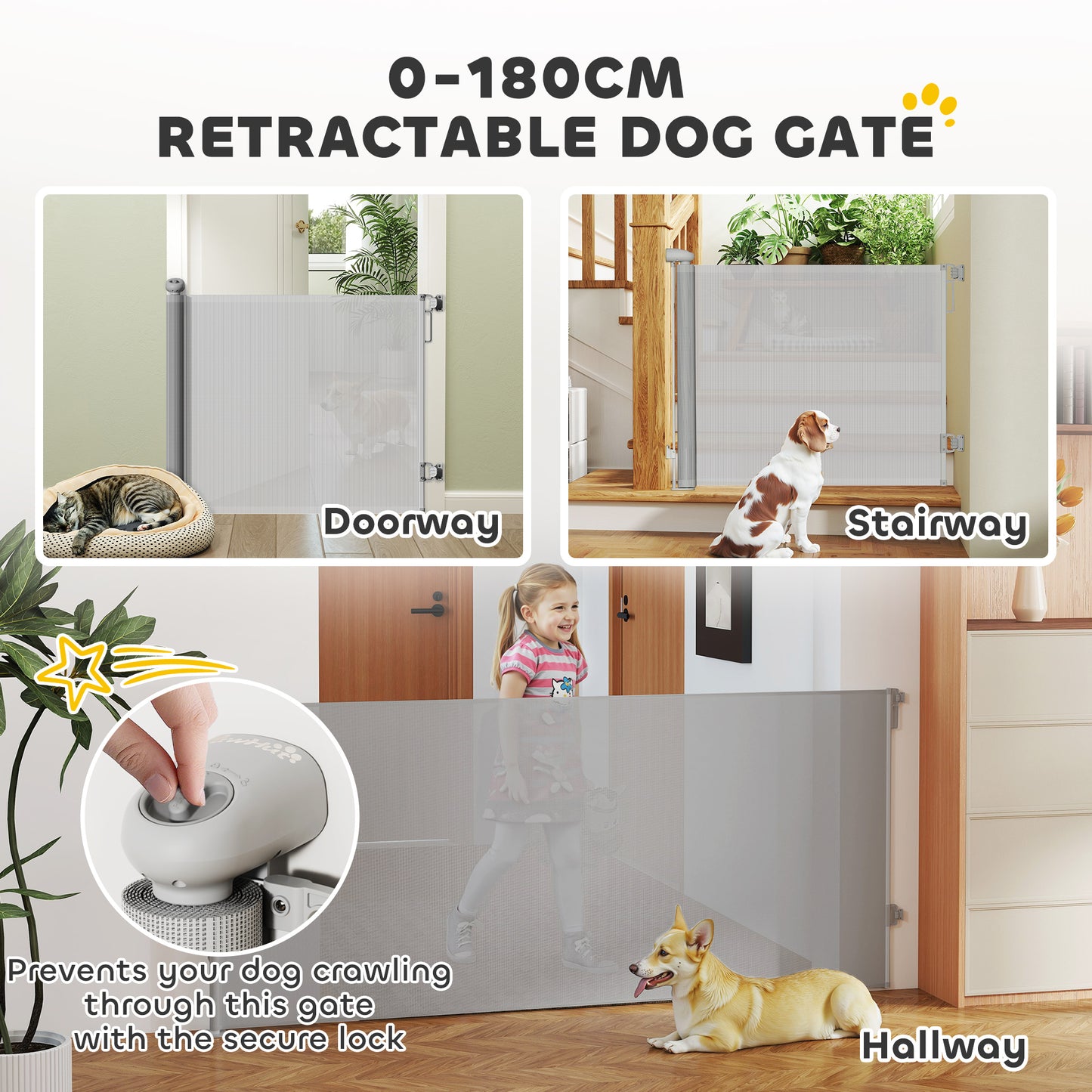 PawHut Retractable Stair Gate Extends Up to 180 cm Wide, Dog Gate for Doorways, Stairways, Hallways, Grey--ChewyGames-ChewyGames