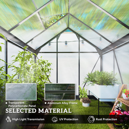 Outsunny 6 x 6ft Polycarbonate Greenhouse, Large Walk in Green House with Slide Door and Window, Garden Plants Grow House with Aluminium Frame and Foundation, Grey