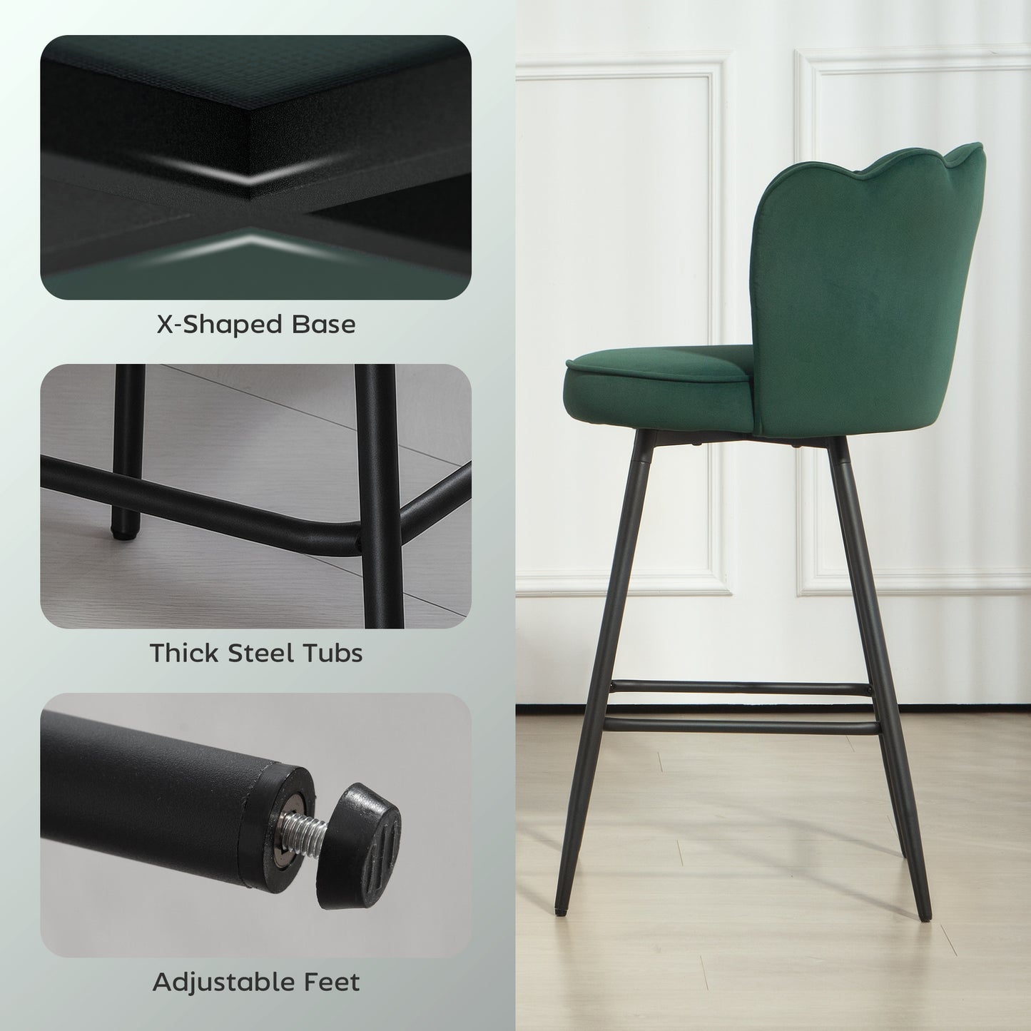 HOMCOM Set of Two Velvet-Feel Lotus Bar Stools - Dark Green