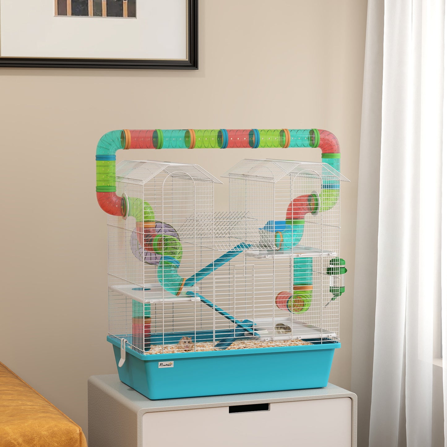 PawHut 4 Tier Hamster Cage w/ Tubes, Exercise Wheel, Hut, Water Bottle, Food Dish, Ramps, for Dwarf Hamster, Light Blue