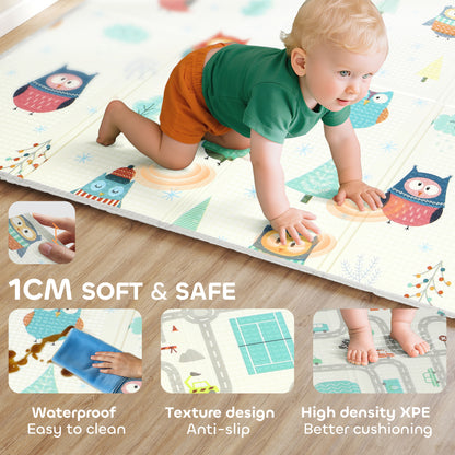AIYAPLAY Foldable Baby Plat Mat Double Sided, Kids Floor Mat for Crawling, 200L x 150W cm, Car track and Owl Theme-Play Mats-ChewyGames-ChewyGames