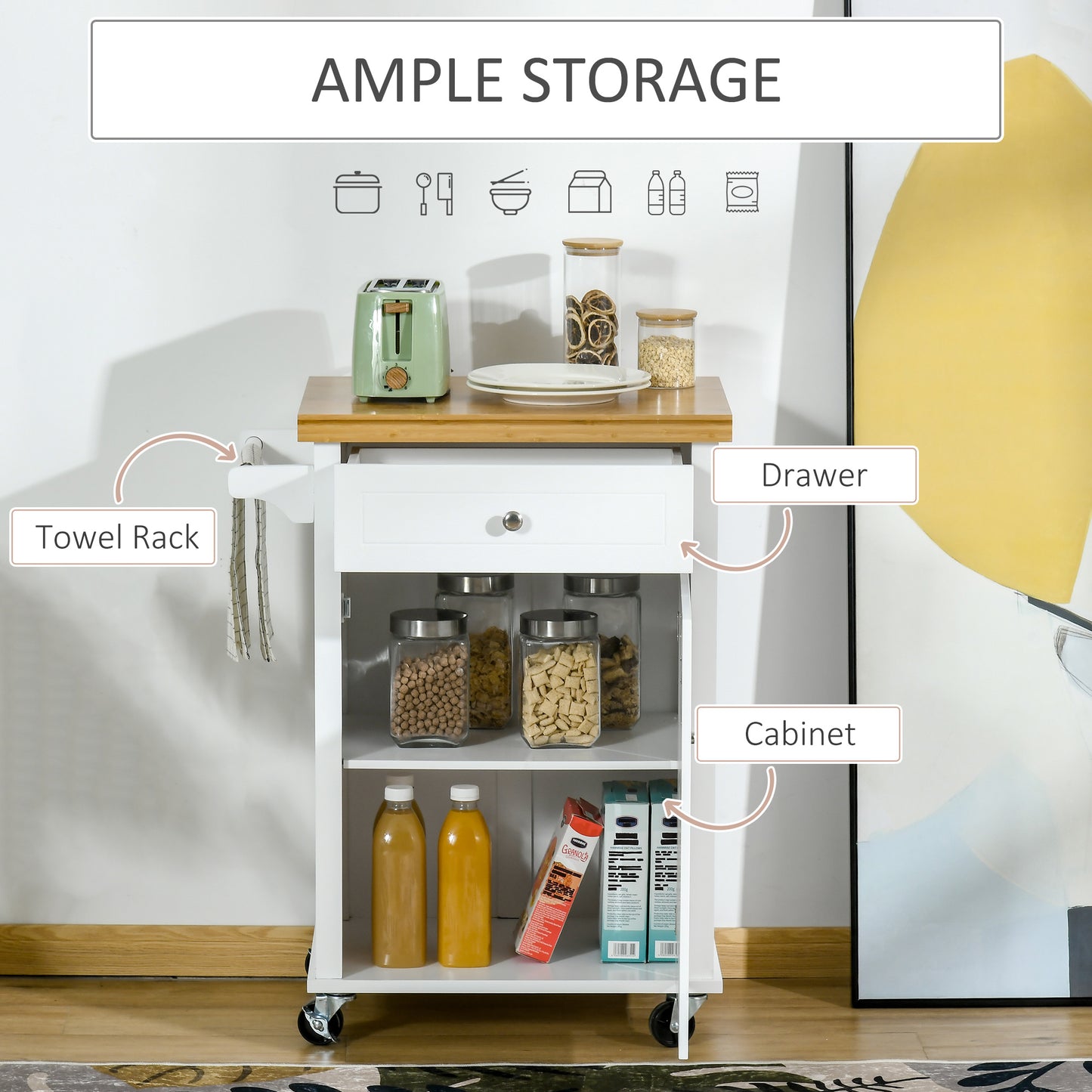 HOMCOM Kitchen Cart Storage Trolley Wooden Cabinet with Drawer Cupboard Towel Rail White--ChewyGames-ChewyGames