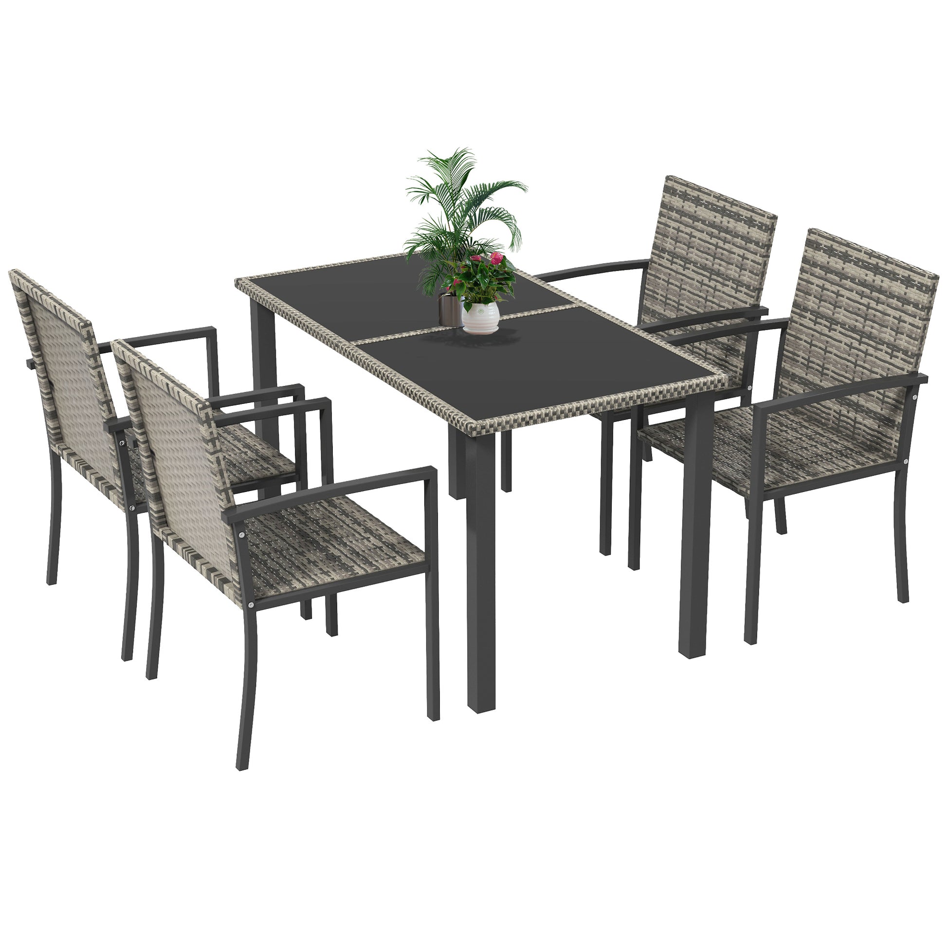 Outsunny Outdoor Dining Set 5 Pieces Patio Conservatory with Tempered Glass Tabletop,4 Dining Chairs - Mixed Grey--ChewyGames-ChewyGames