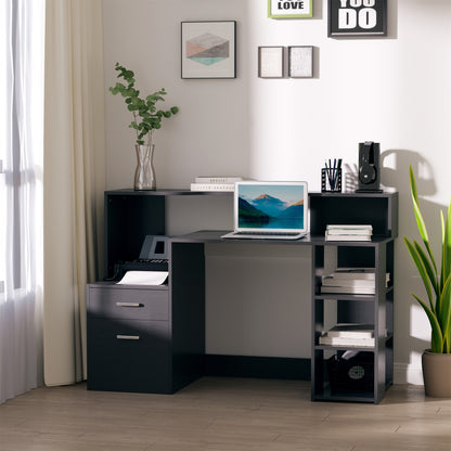 HOMCOM Computer Desk with Drawers and Storage Shelves, Office Desk Writing Table with Printer Stand, Black