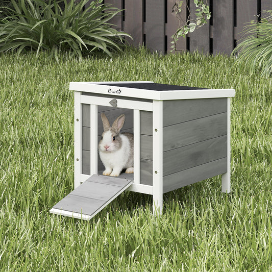PawHut Wooden Rabbit Hutch Outdoor, Guinea Pig Hutch, Rabbit Hideaway, Cat House, Bunny Cage Small Animal House with Openable Roof, 51 x 42 x 43 cm, Grey