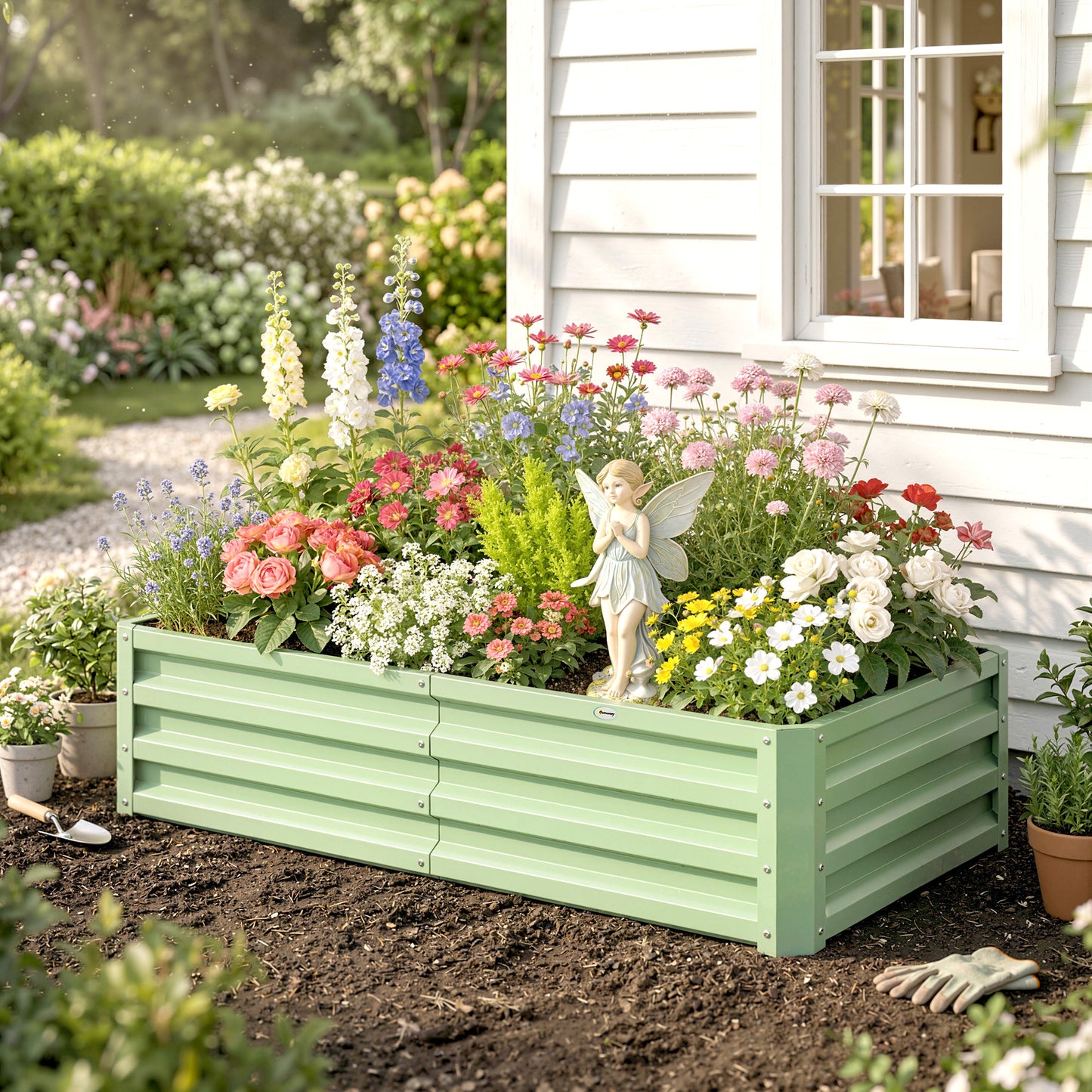 Outsunny Raised Beds for Garden, Galvanised Outdoor Planters, for Herbs and Vegetables, Use for Patio, Garden, Balcony