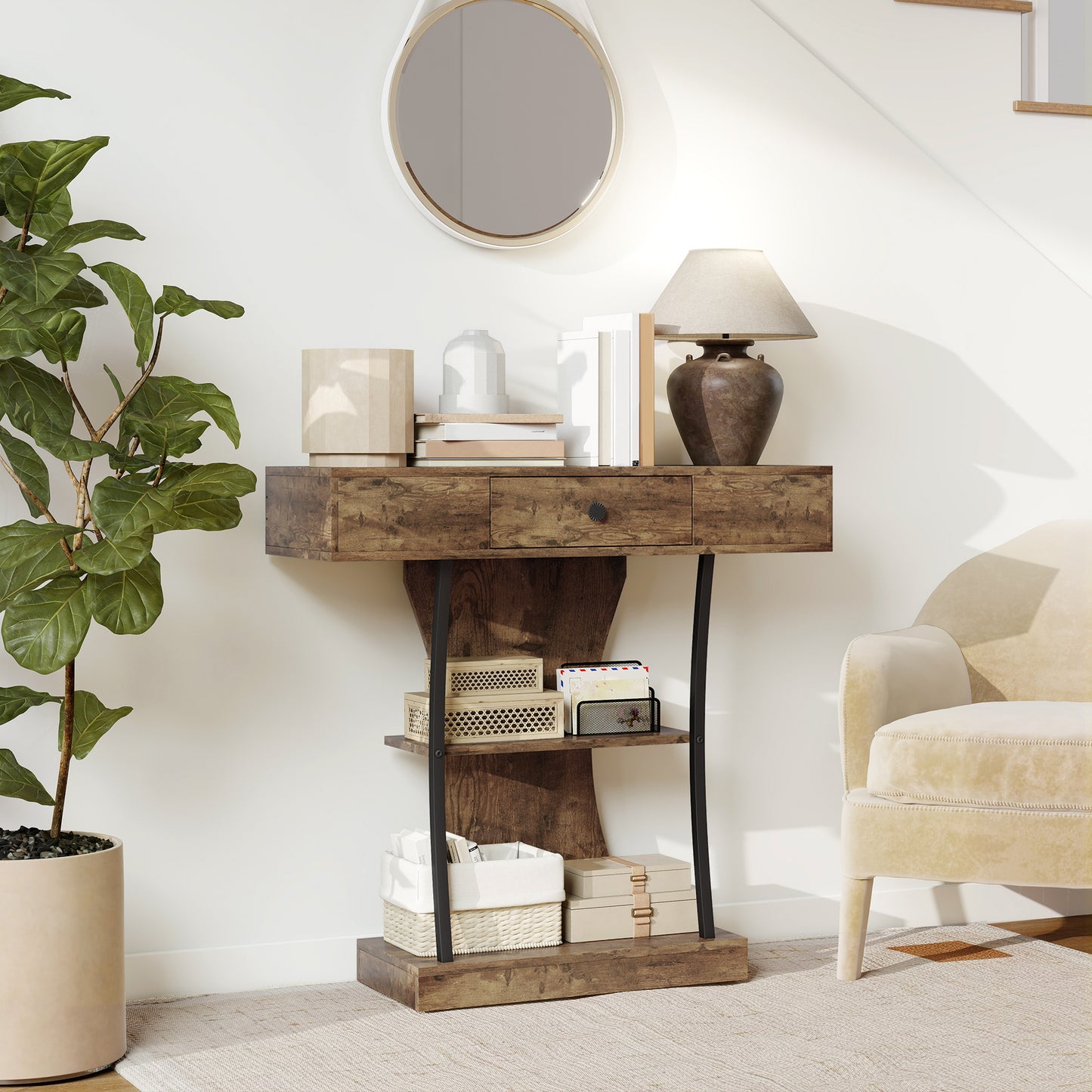 HOMCOM Console Table, 3-Tier Industrial Hallway Table with Drawer, Storage Shelves, 91 x 32 x 87 cm, Rustic Brown