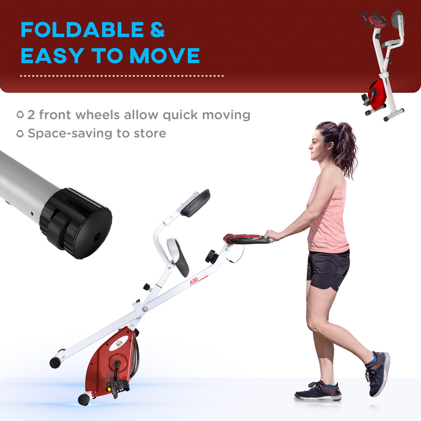 HOMCOM Folding Exercise Bike, Fitness Bicycle Indoor Trainer, Quiet 8-Level Magnetic Resistance, with LCD Monitor, Pulse Sensor and Wheels for Sport Maison and Cardio Training, Red