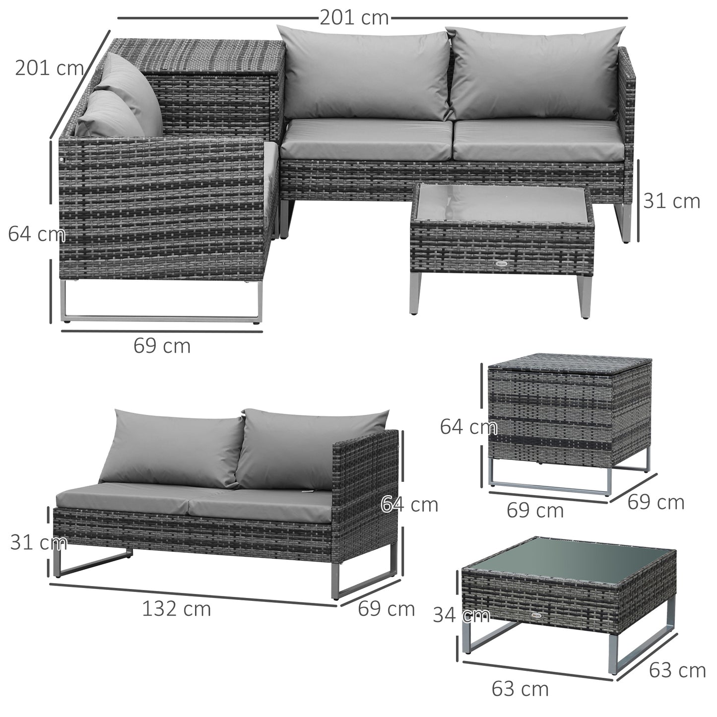 Outsunny 4pc Garden Rattan Wicker Outdoor Furniture Patio Corner Sofa Love Seat and Table Set  with Cushions Side Desk Storage, Mixed Grey