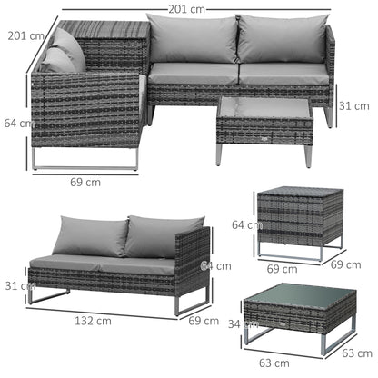 Outsunny 4pc Garden Rattan Wicker Outdoor Furniture Patio Corner Sofa Love Seat and Table Set  with Cushions Side Desk Storage, Mixed Grey