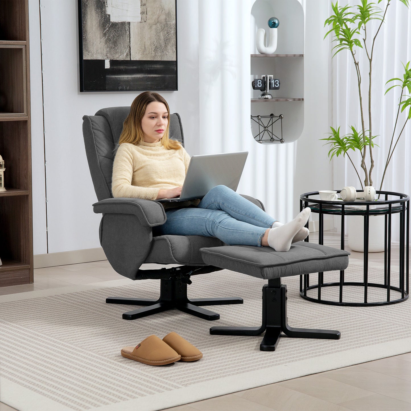 HOMCOM Swivel Recliner Chair with Footstool - Charcoal Grey Velvet
