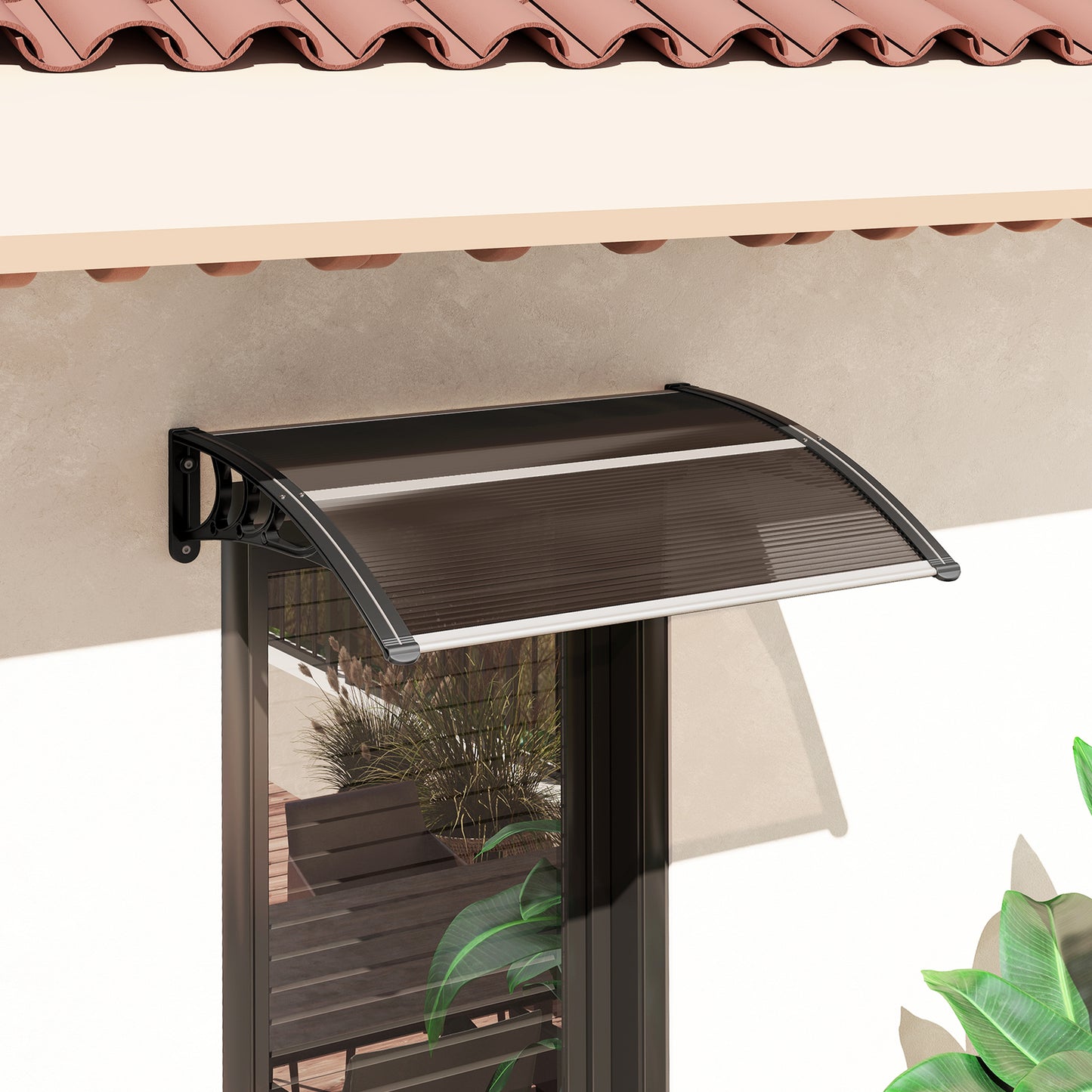 Outsunny Front Door Canopy Outdoor Awning Aluminium Rigid Plastic Polycarbonate Rain Shelter UV Water Rain Resistant 120 x 75cm Brown