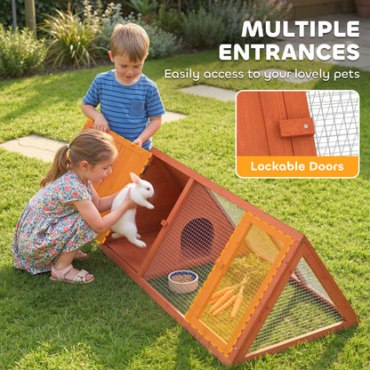PawHut Rabbit Hutch, Wooden Guinea Pig Hutch with Run and Doors, Outdoor Triangle Bunny House for Rabbits,Duck and Chicken