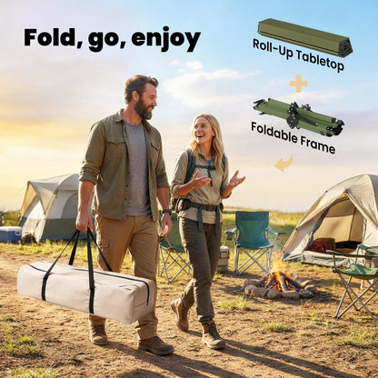 Outsunny 4ft Folding Camping Table, Waterproof Picnic Table with Roll Up Top and Metal Frame, Green