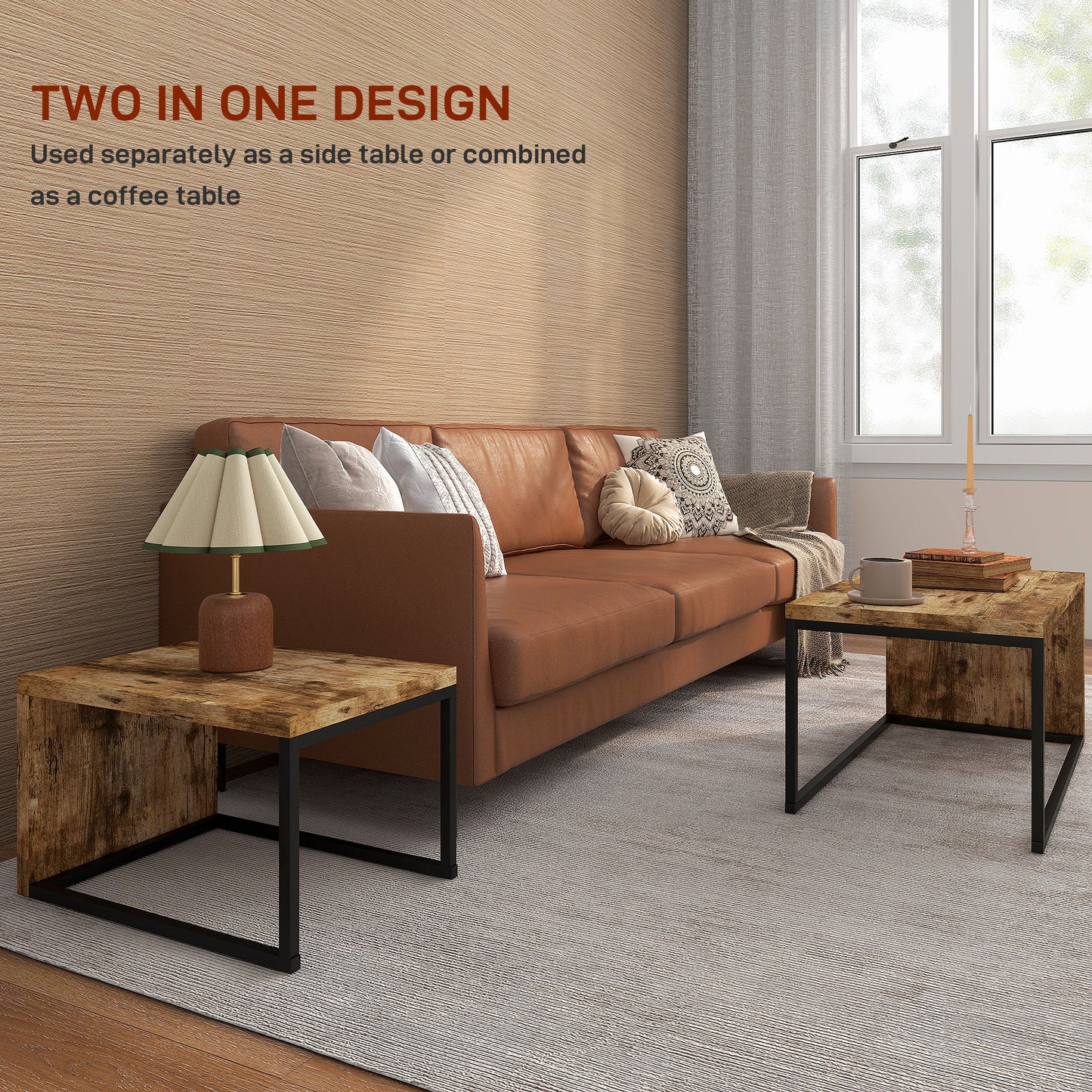 HOMCOM Nesting Coffee Table Set of 2, Industrial Stacking Side End Tables with Metal Frame for Living Room, Bedroom, Rustic Brown