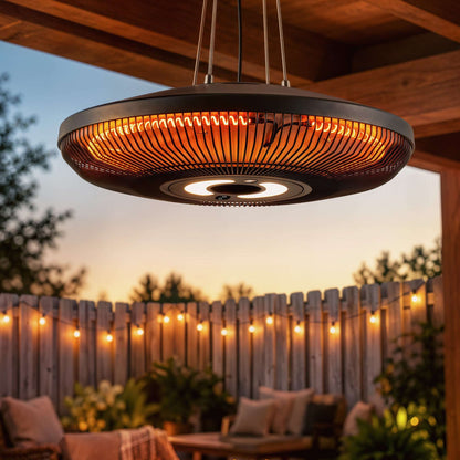 Outsunny Hanging Electric Patio Heater with LED Light, 1000/2000 W IP65 Outdoor Infrared Heater with Touch/Remote Control, Black