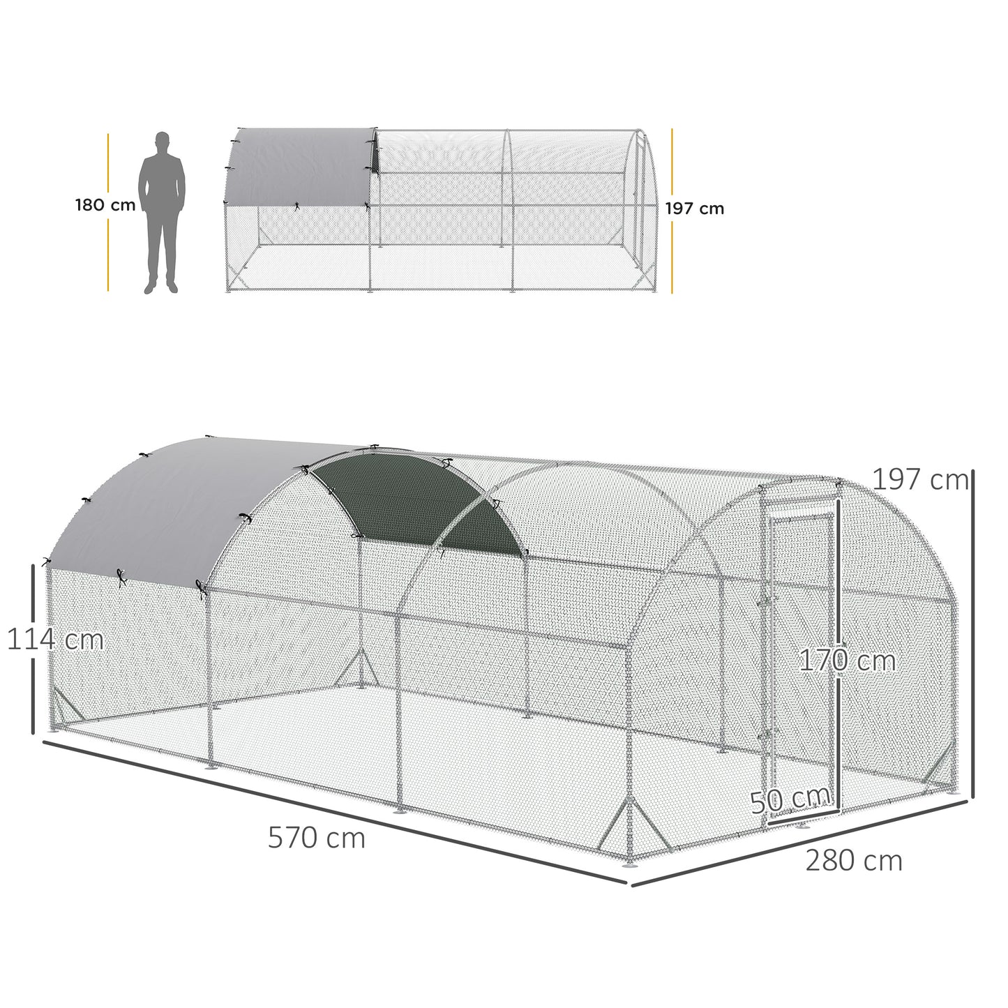 PawHut Large Galvanised Chicken Coop with Cover 5.7x2.8x2m Outdoor for Hens - Silver Grey