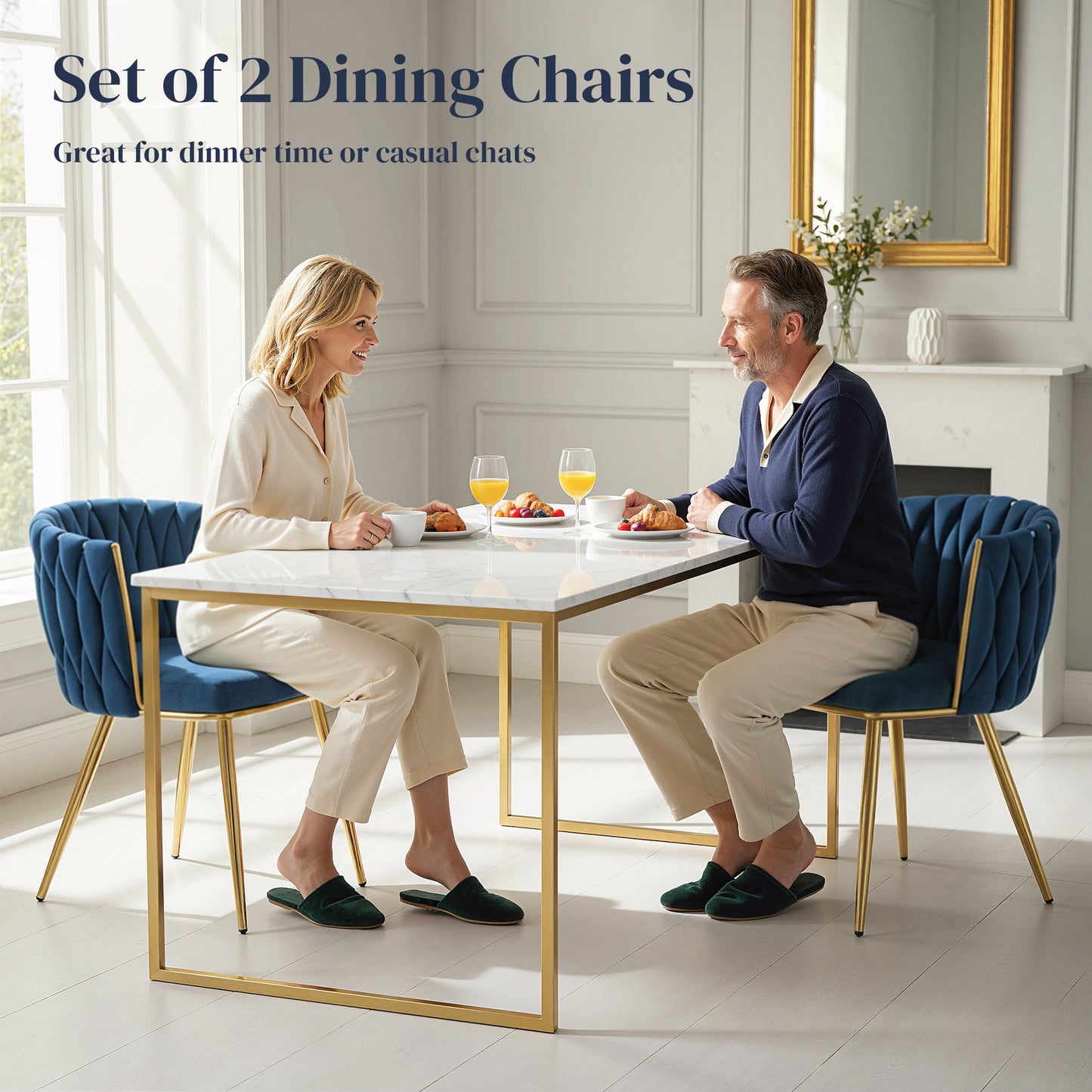 HOMCOM Velvet-Feel Dining Chairs Set of 2, Modern Upholstered Armchair with Knot Design and Golden Metal Legs, Accent Chair for Dining Room, Bedroom, Kitchen, Living Room, Dark Blue