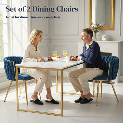 HOMCOM Velvet-Feel Dining Chairs Set of 2, Modern Upholstered Armchair with Knot Design and Golden Metal Legs, Accent Chair for Dining Room, Bedroom, Kitchen, Living Room, Dark Blue