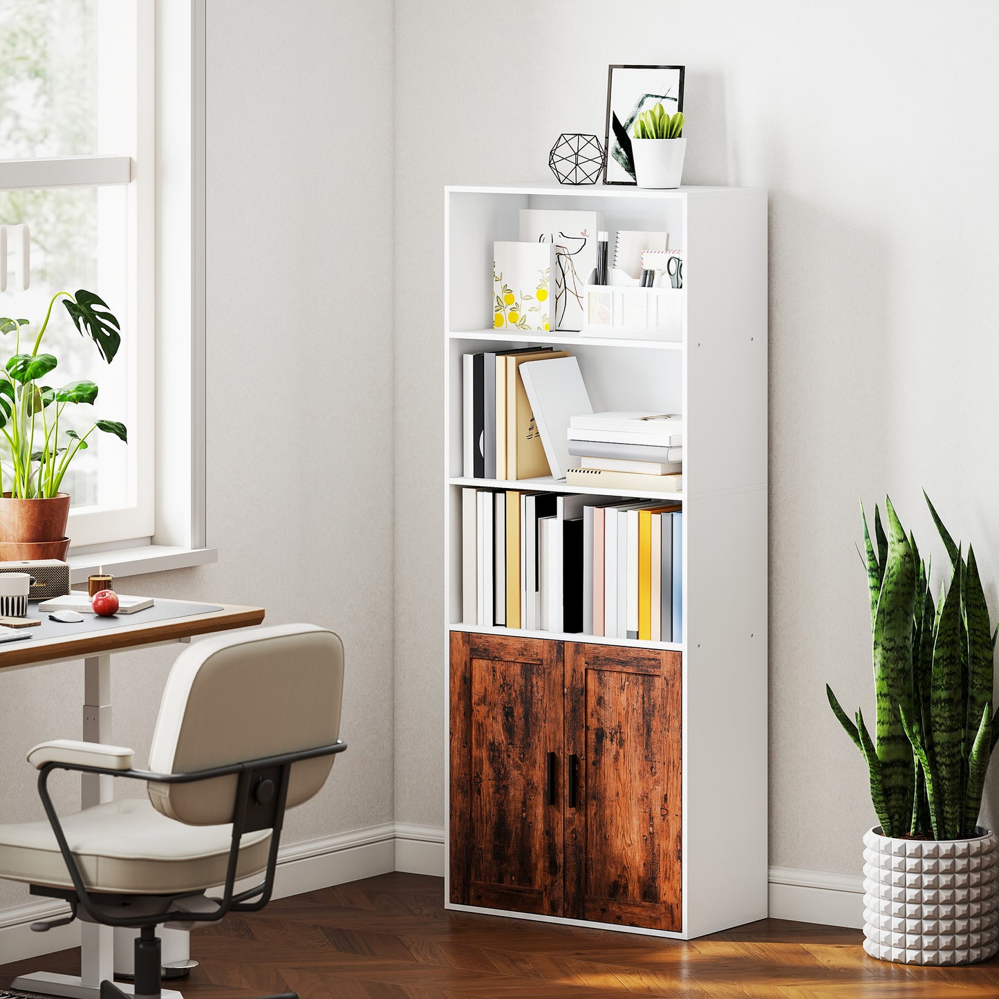 HOMCOM 5-Tier Bookcase with Adjustable Shelf - Rustic Brown
