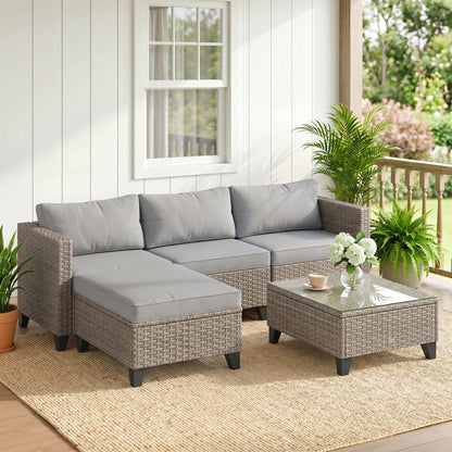 Outsunny 5-Piece Rattan Patio Furniture Set with Corner Sofa, Footstools, Coffee Table, for Poolside, Brown