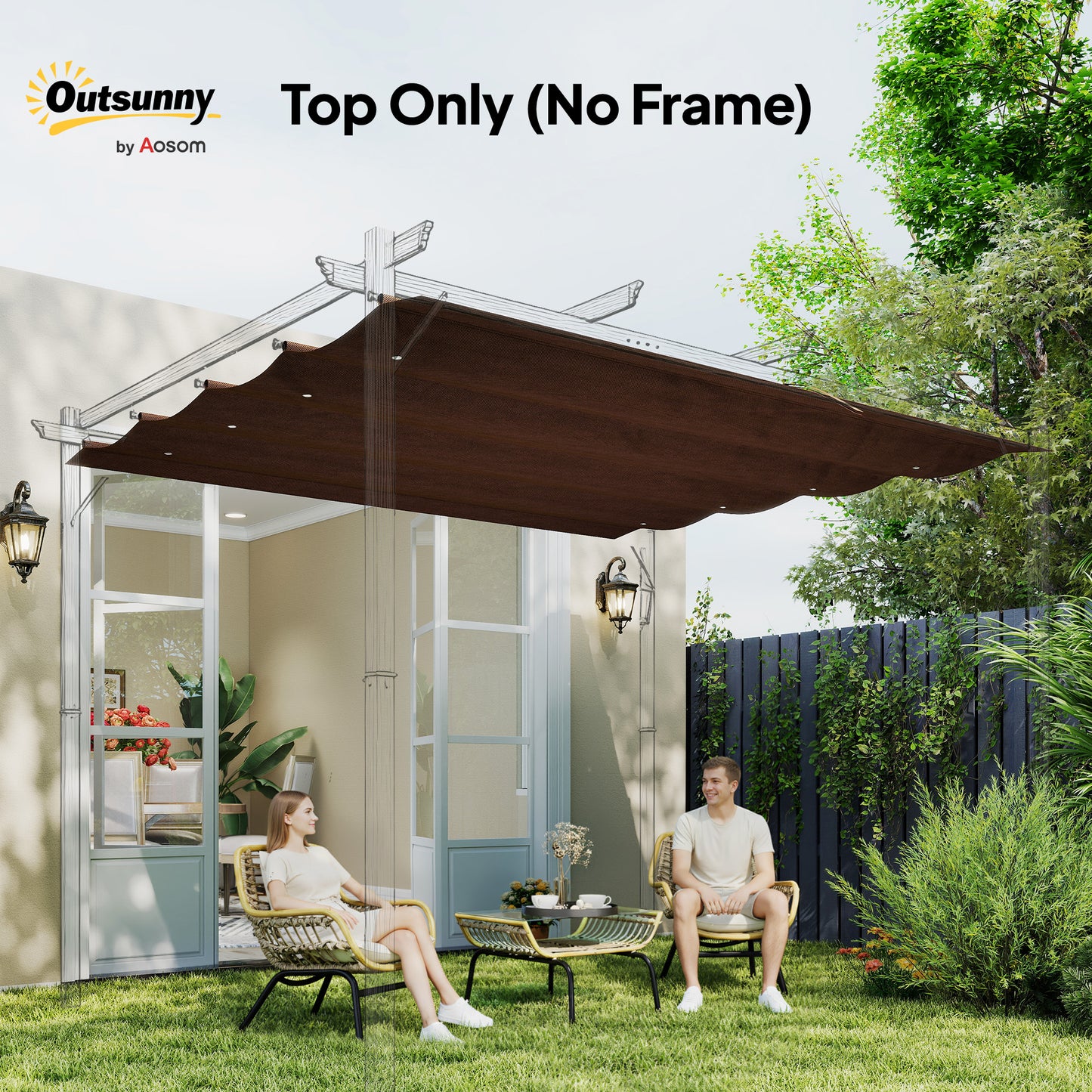 Outsunny Pergola Cover Roof, 2.86 x 2.45 m Retractable Sun Shade Top for 3 x 2m Pergola Frame, UV30+ Protected, Coffee