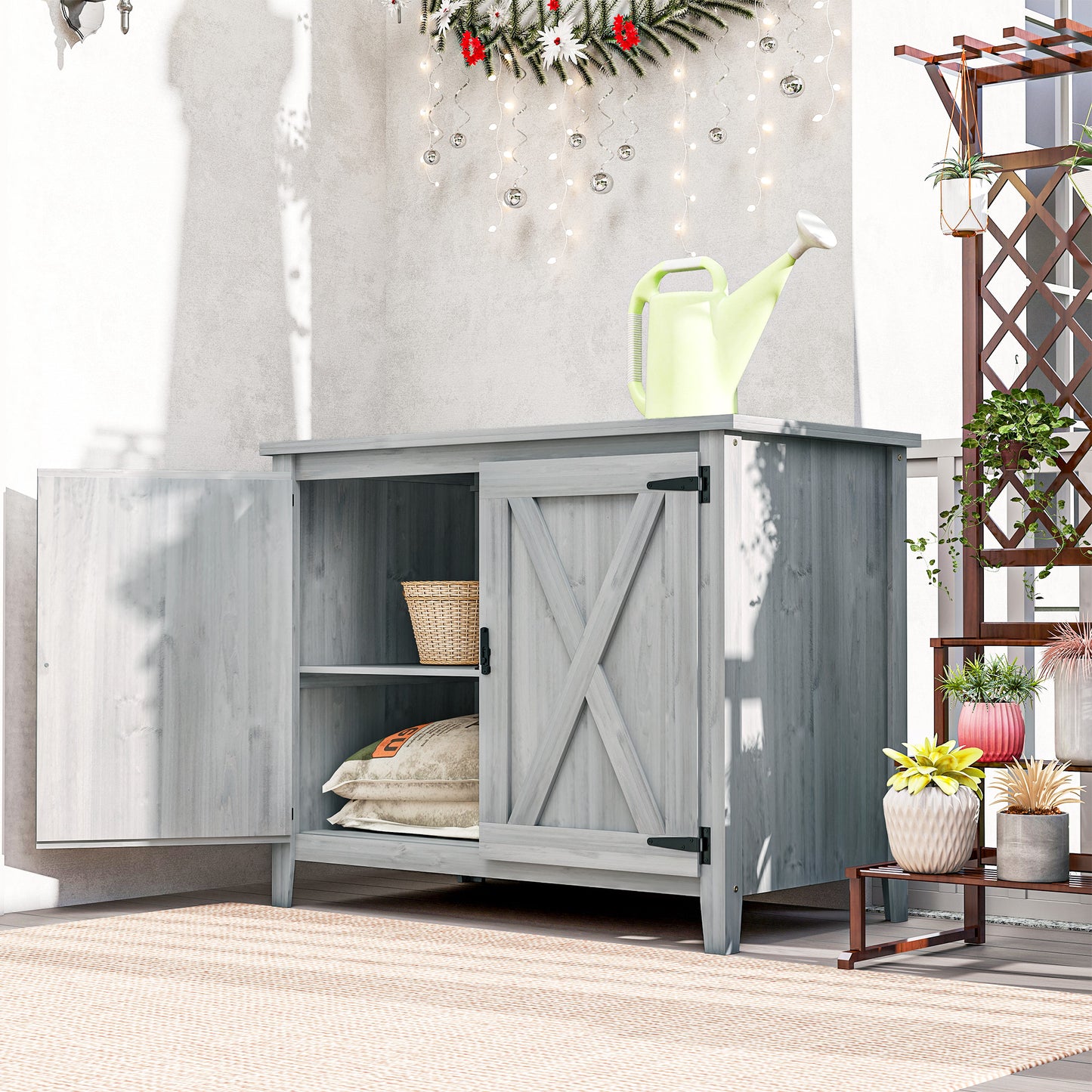 Outsunny Wooden Garden Shed, Outdoor Fir Wood Storage Shed with Shelf and Double Doors, Light Grey