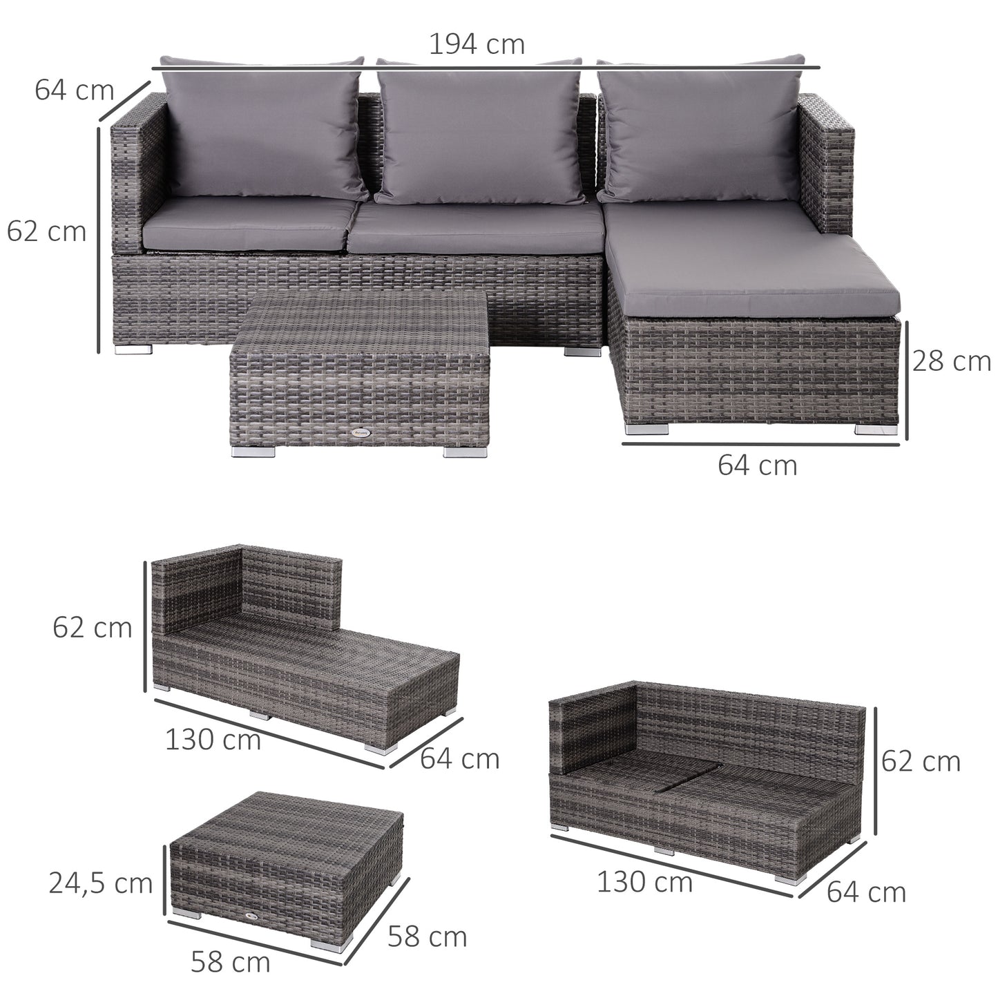 Outsunny 3PC Rattan Garden Furniture Storage Sofa Set, 4 Seater Wicker Coffee Table Conservatory Sun Lounger Reclining Set with Cushion, Grey