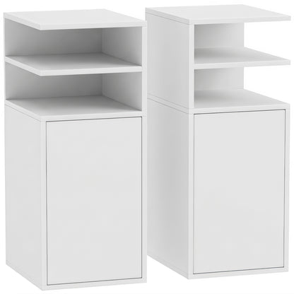 HOMCOM Slim Bedside Table Set of 2, Narrow Bedside Cabinet with Open Cubbies and Cupboard for Bedroom Living Room, White