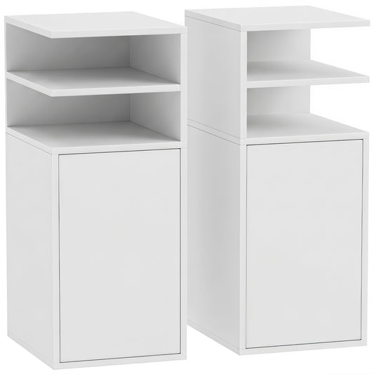 HOMCOM Slim Bedside Table Set of 2, Narrow Bedside Cabinet with Open Cubbies and Cupboard for Bedroom Living Room, White