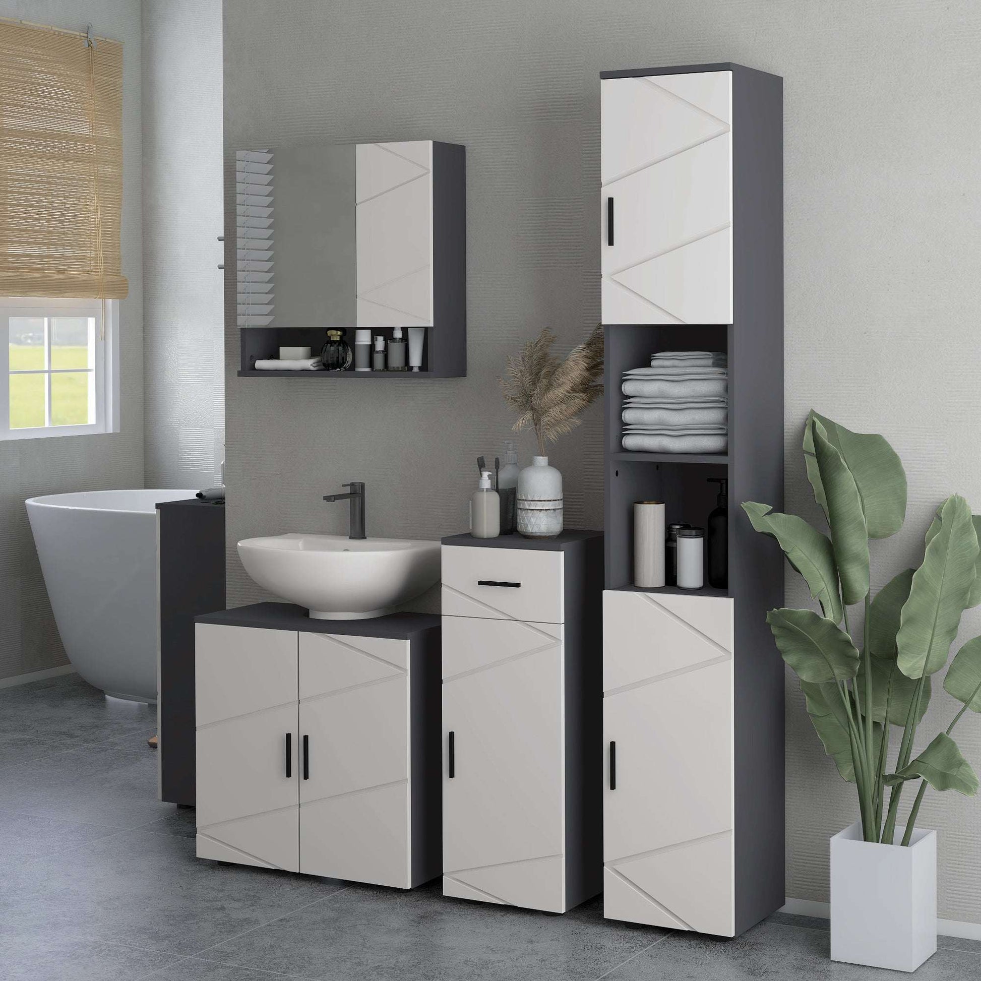 kleankin Line Embossed Tall Bathroom Storage Cabinet with Three-position Adjustable Shelves for Minimalist Style - Grey