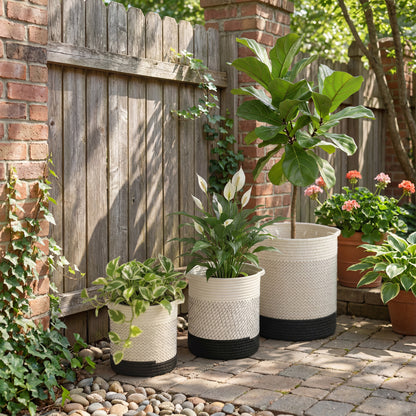 Outsunny Plant Pots Handwoven Cotton Indoor Planters with Waterproof Liner Set of 3 White