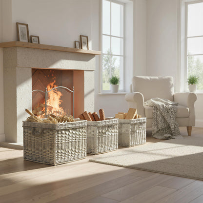 Outsunny Set of 3 Log Baskets for Wood Burner Indoor, Storage Basket with Lining and Rope Handles, Wicker Basket for Fireside Storage, Blankets, Beige