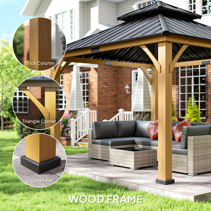 Outsunny 3.5 x 3.5m Outdoor Hardtop Gazebo Canopy with Two-tier Metal Roof and Solid Wood Frame Outdoor Patio Shelter for Patio, Garden, Black