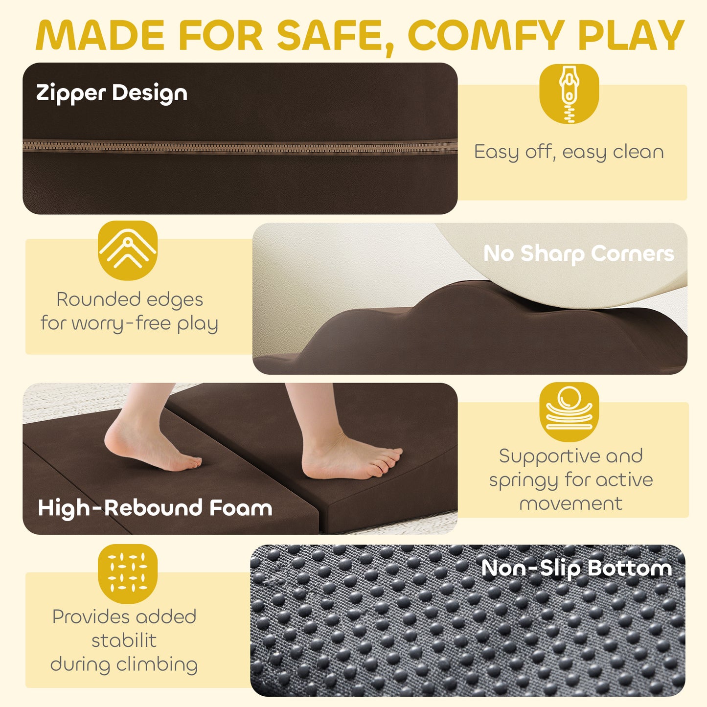 AIYAPLAY 7 Piece Kids Soft Play Set with Detachable Cover, Baby Indoor Climb and Crawl Foam Toys for Toddlers, Brown